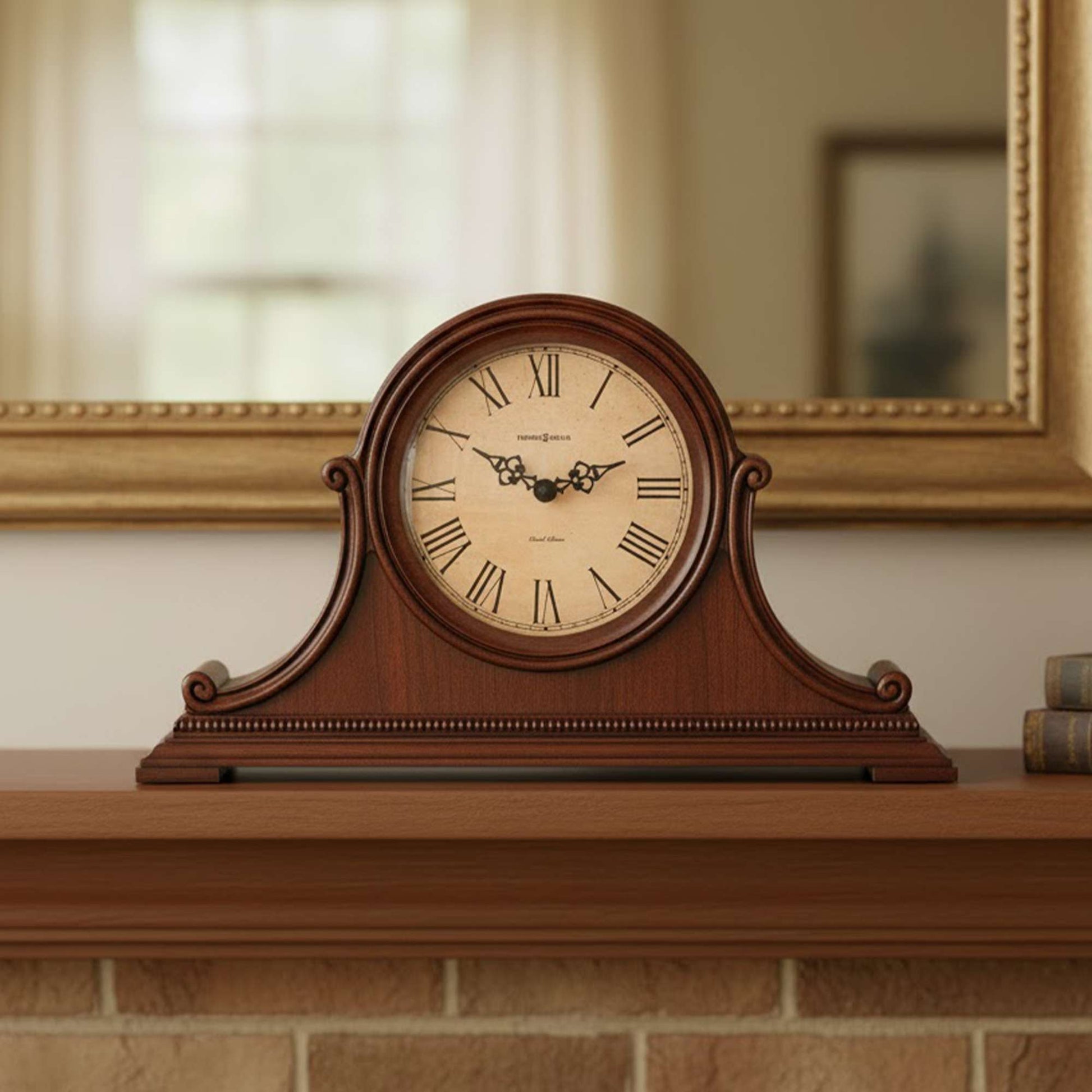 A decorative wooden mantel clock with Roman numerals, displayed on a shelf.