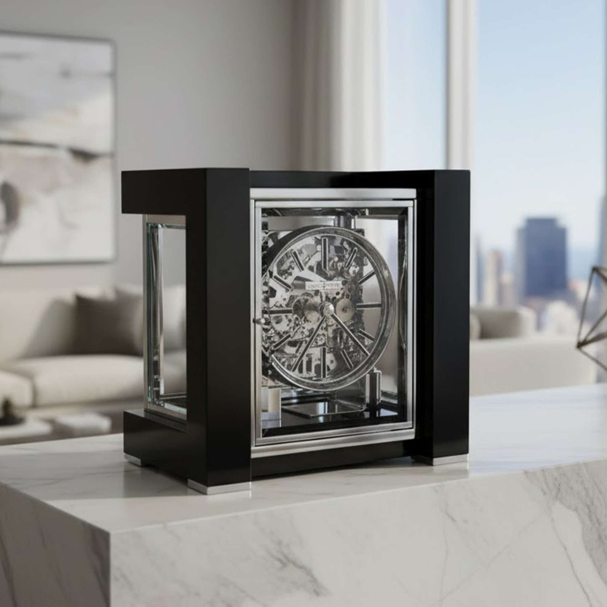 A modern, elegant clock with a transparent design on a marble table, set against a backdrop of a city skyline.