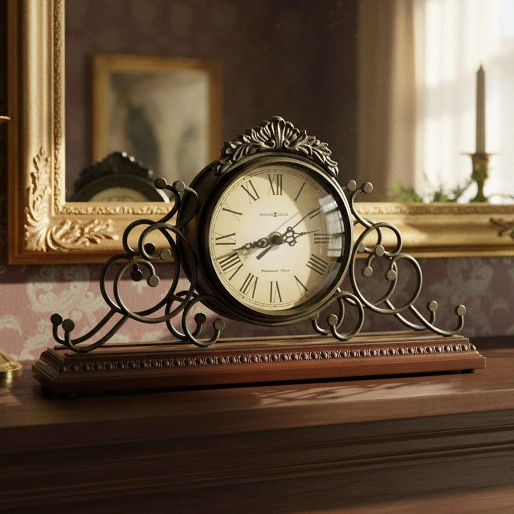 Ornate vintage clock on a wooden mantel