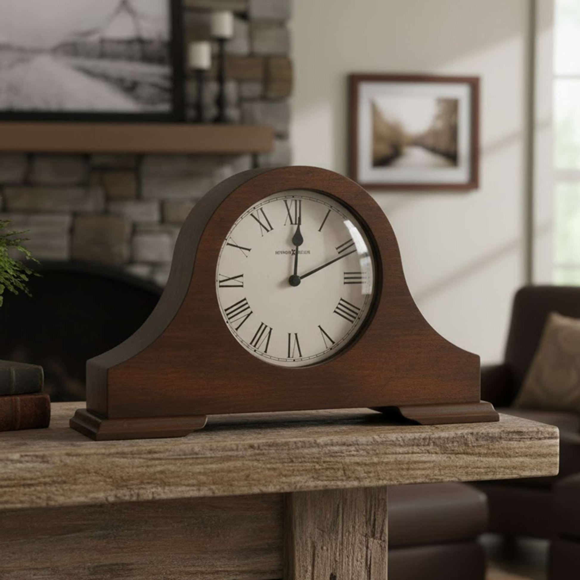 A classic wooden clock with Roman numerals, placed on a rustic table.