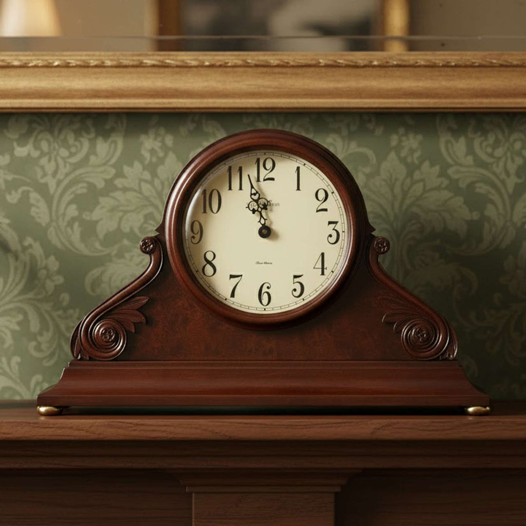 Antique wooden mantel clock with a round face on a decorative background