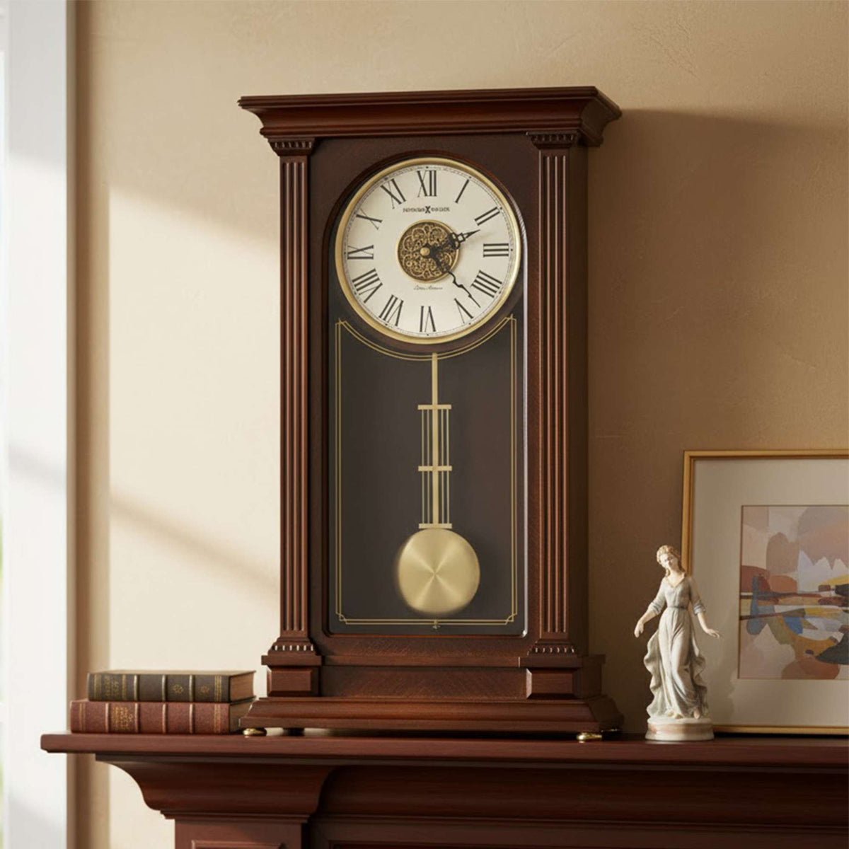 Traditional wall clock with a pendulum on a mantelpiece.