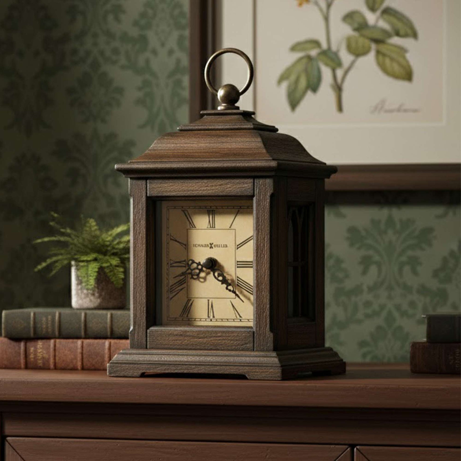 A vintage-style wooden clock on a wooden table with decorative books and a plant in the background.