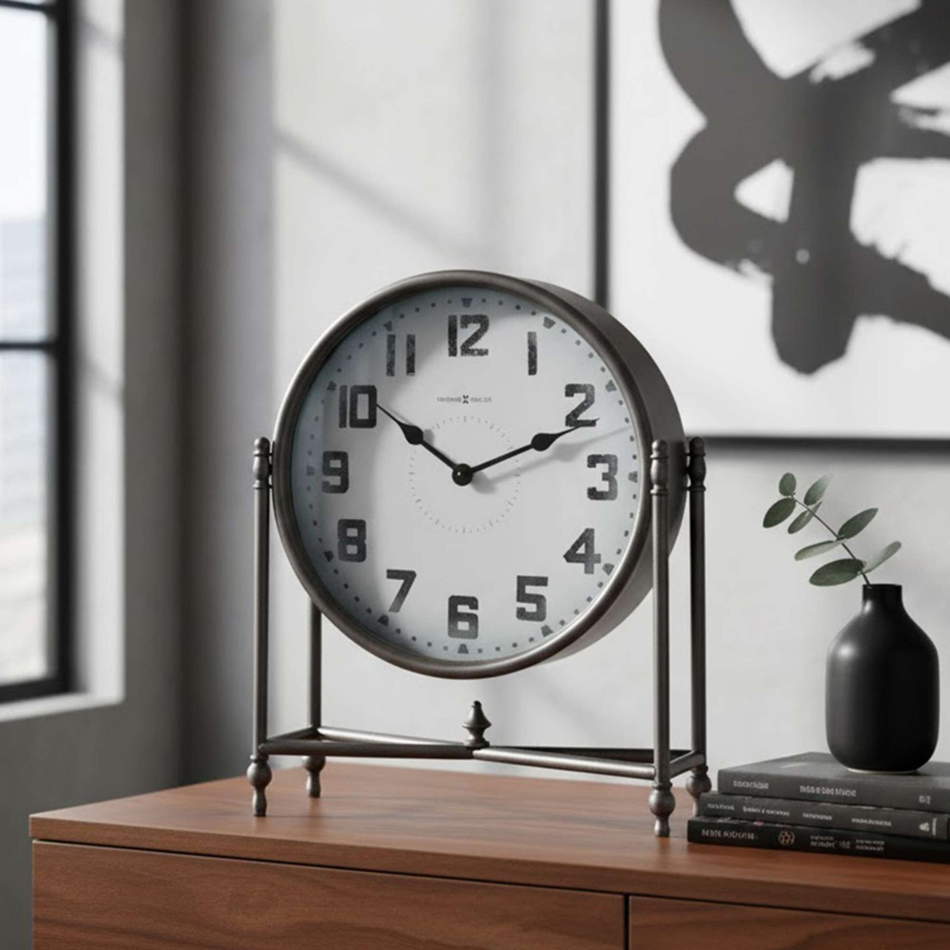 Vintage round clock on a wooden table with a decorative plant and books