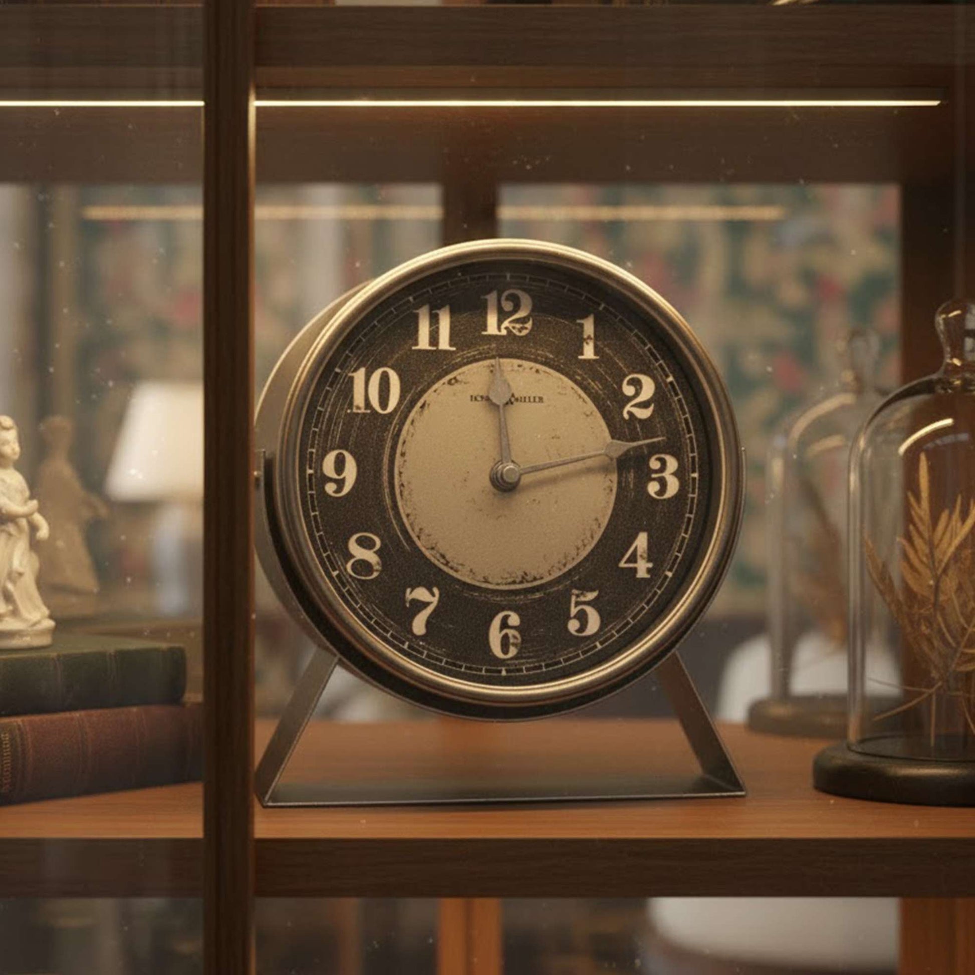 Vintage clock displayed on a wooden shelf with decorative items.