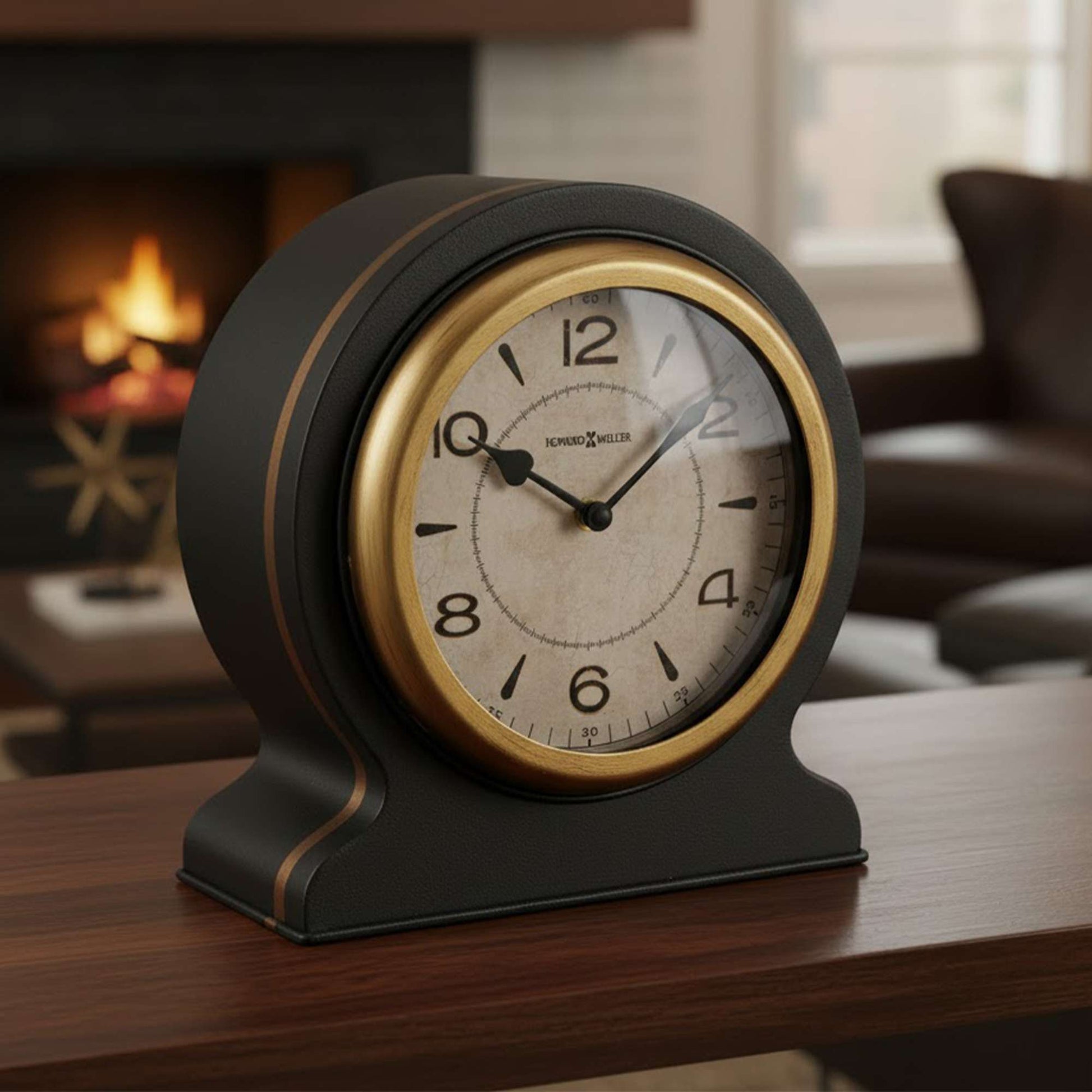 Antique-style clock with a gold rim on a wooden table