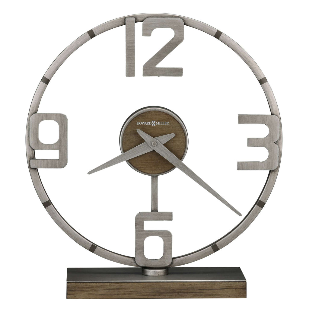Modern round clock with large numbers and a wooden base