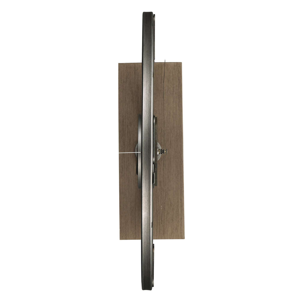 Top view of a circular wall clock with a wooden backing.