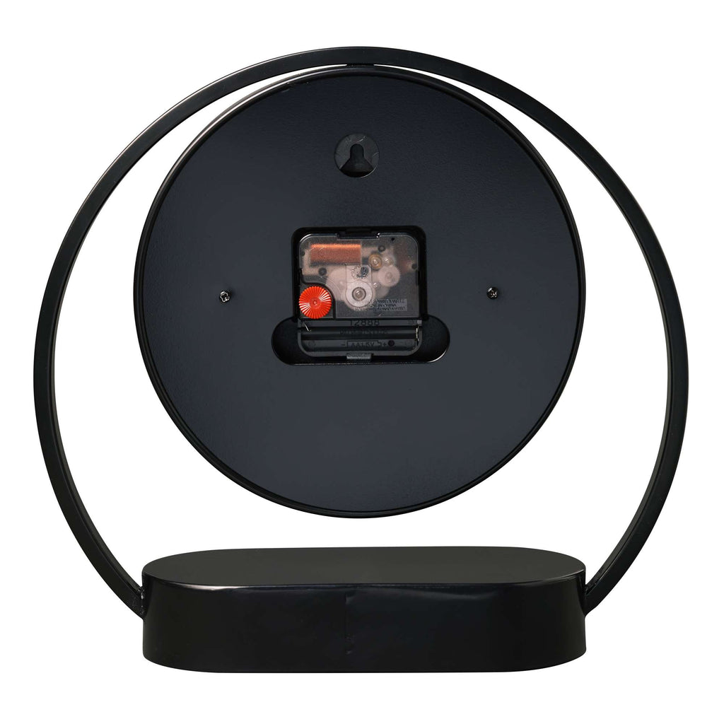 Back view of a modern black wall clock with a circular design.