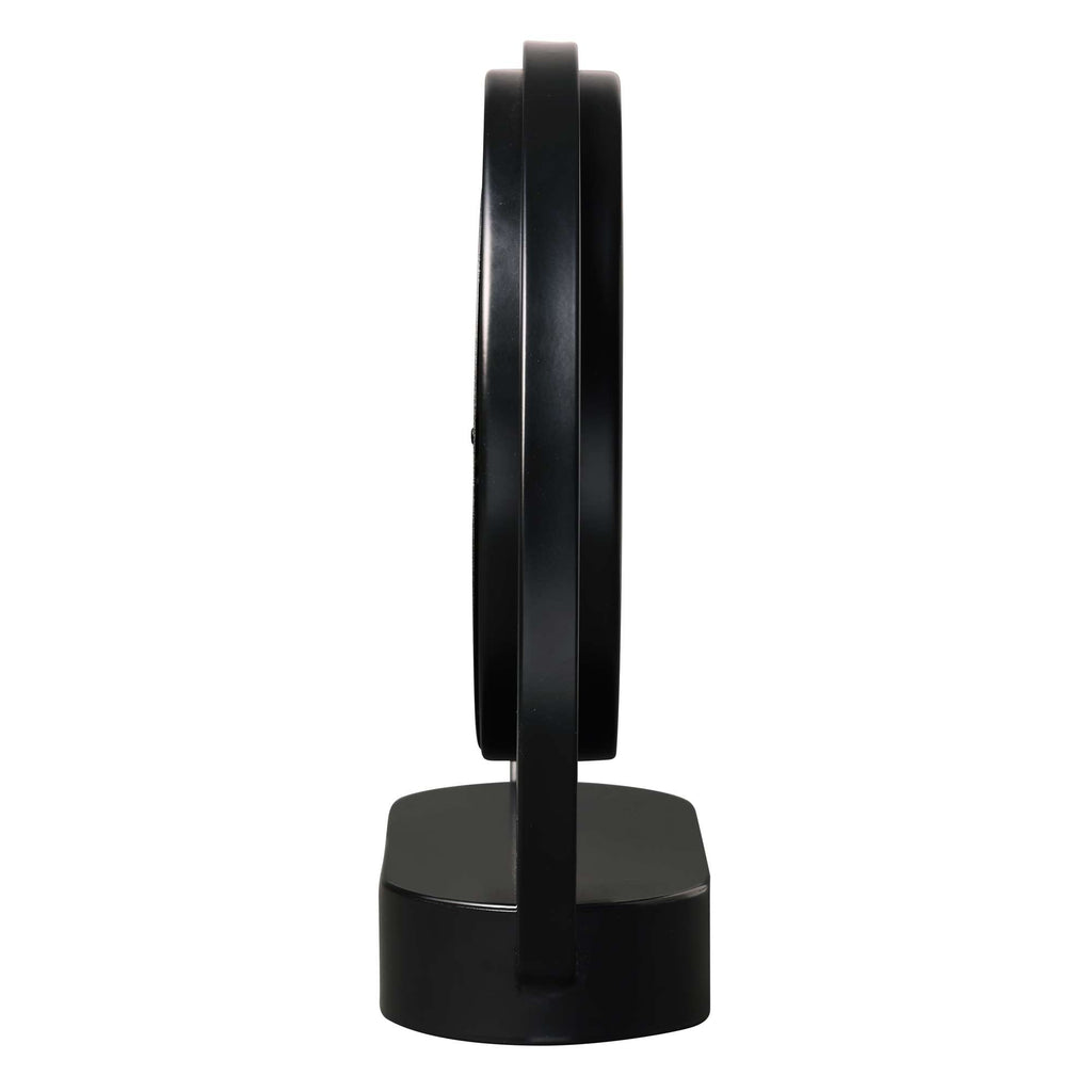 Side view of a modern black table fan