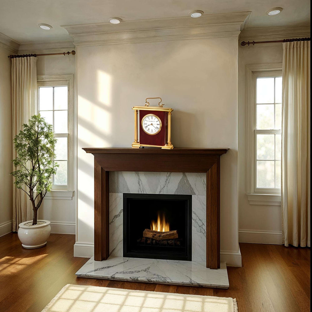 Living room with a fireplace, clock, and large windows