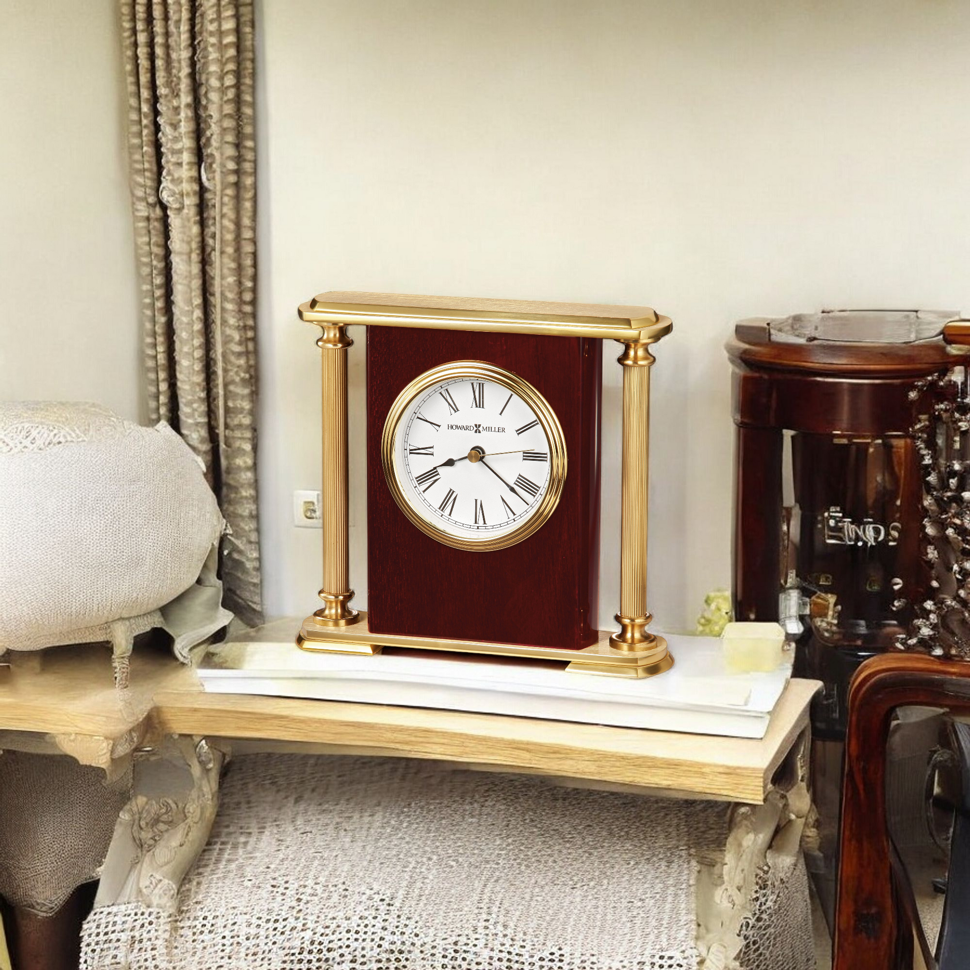 Elegant vintage clock on a decorative table.