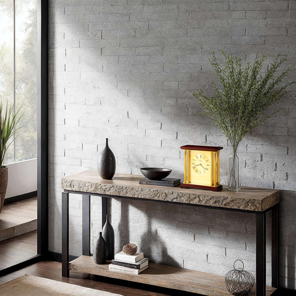 A modern living space featuring a wooden console table, decorative vases, and a vintage clock against a textured wall.