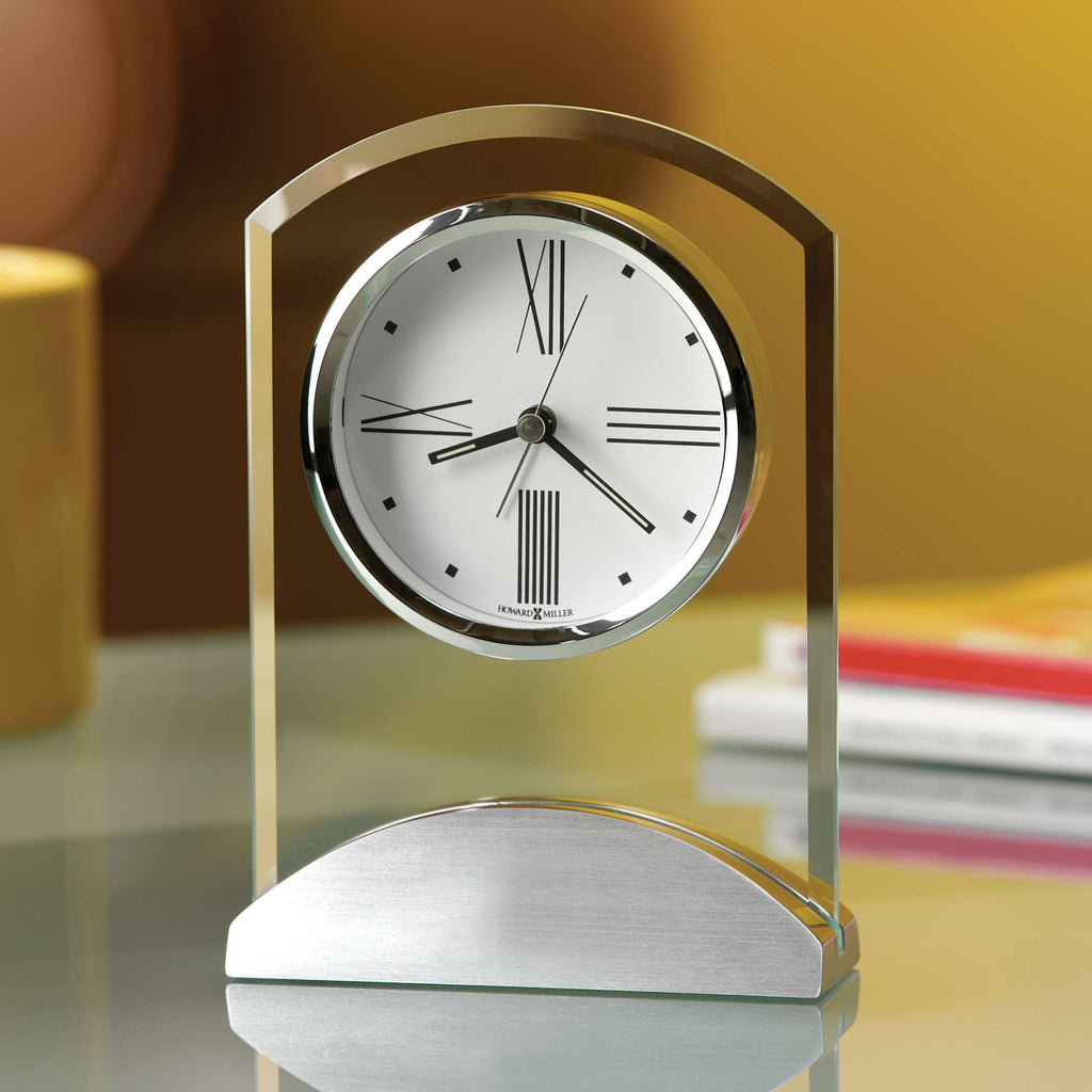 Modern desk clock with a silver and chrome finish, featuring Roman numerals.