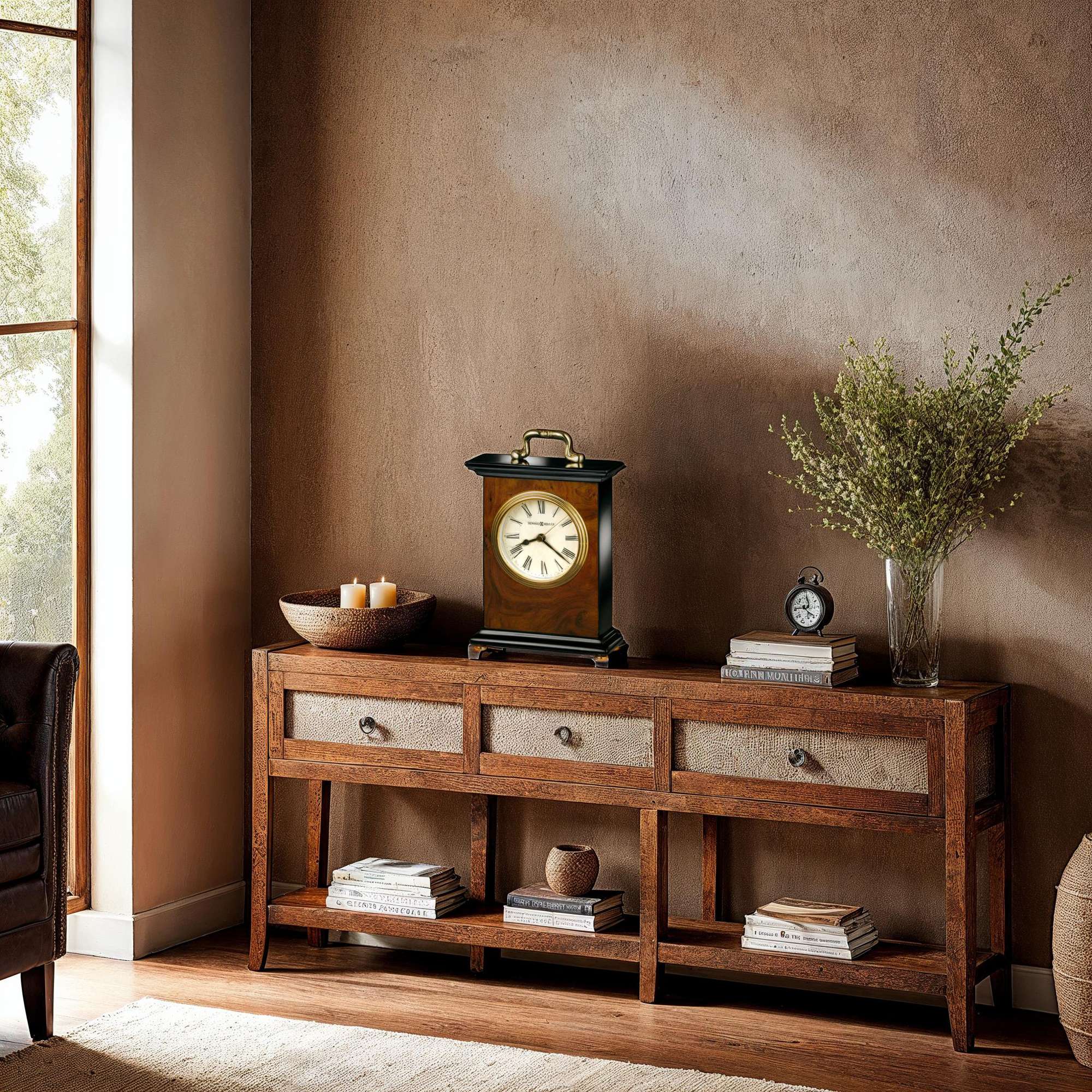 A wooden console table with decorative items, including an antique clock and a vase of flowers, set in a warm, inviting room.