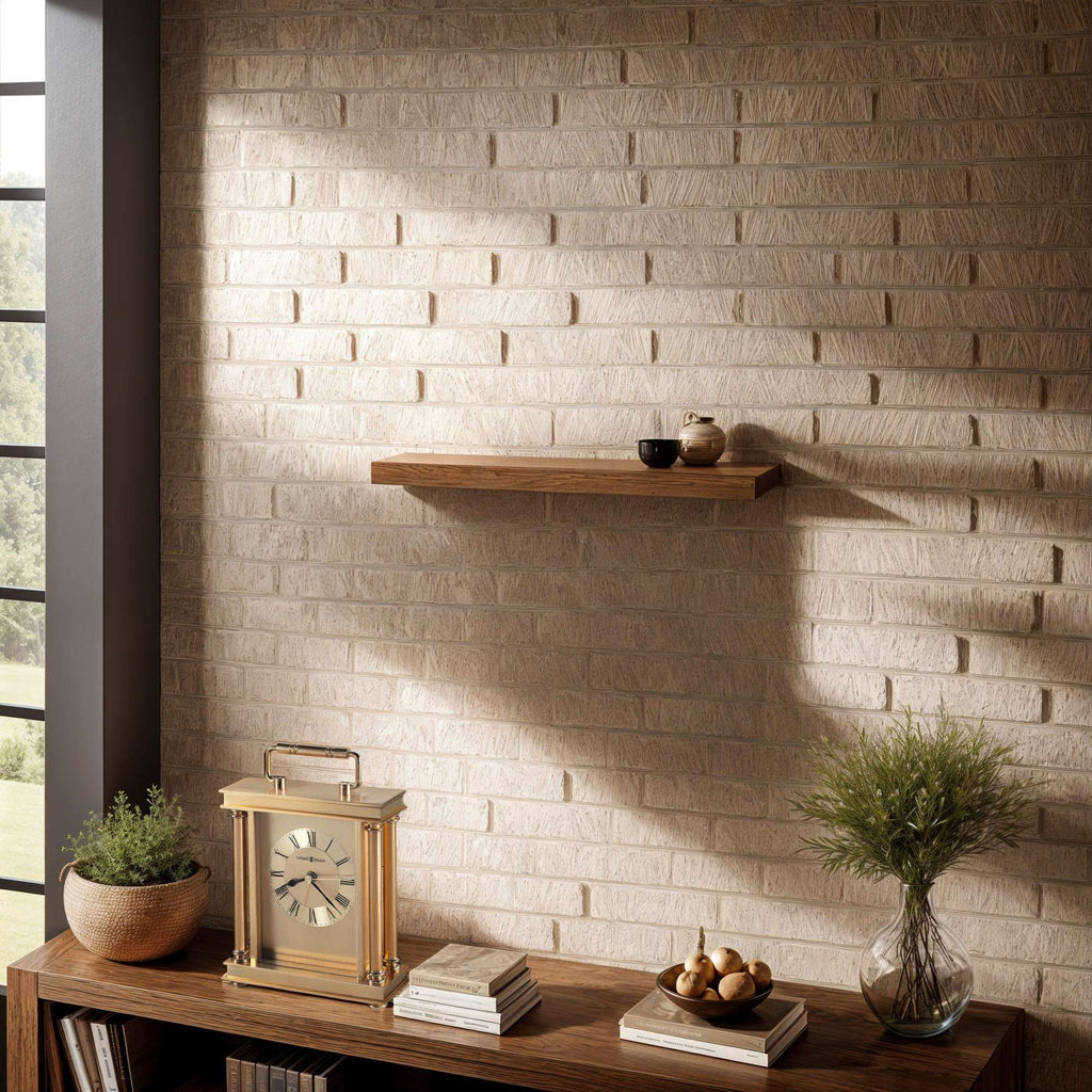 Interior view featuring a textured brick wall, wooden shelf, and decorative items on a table.