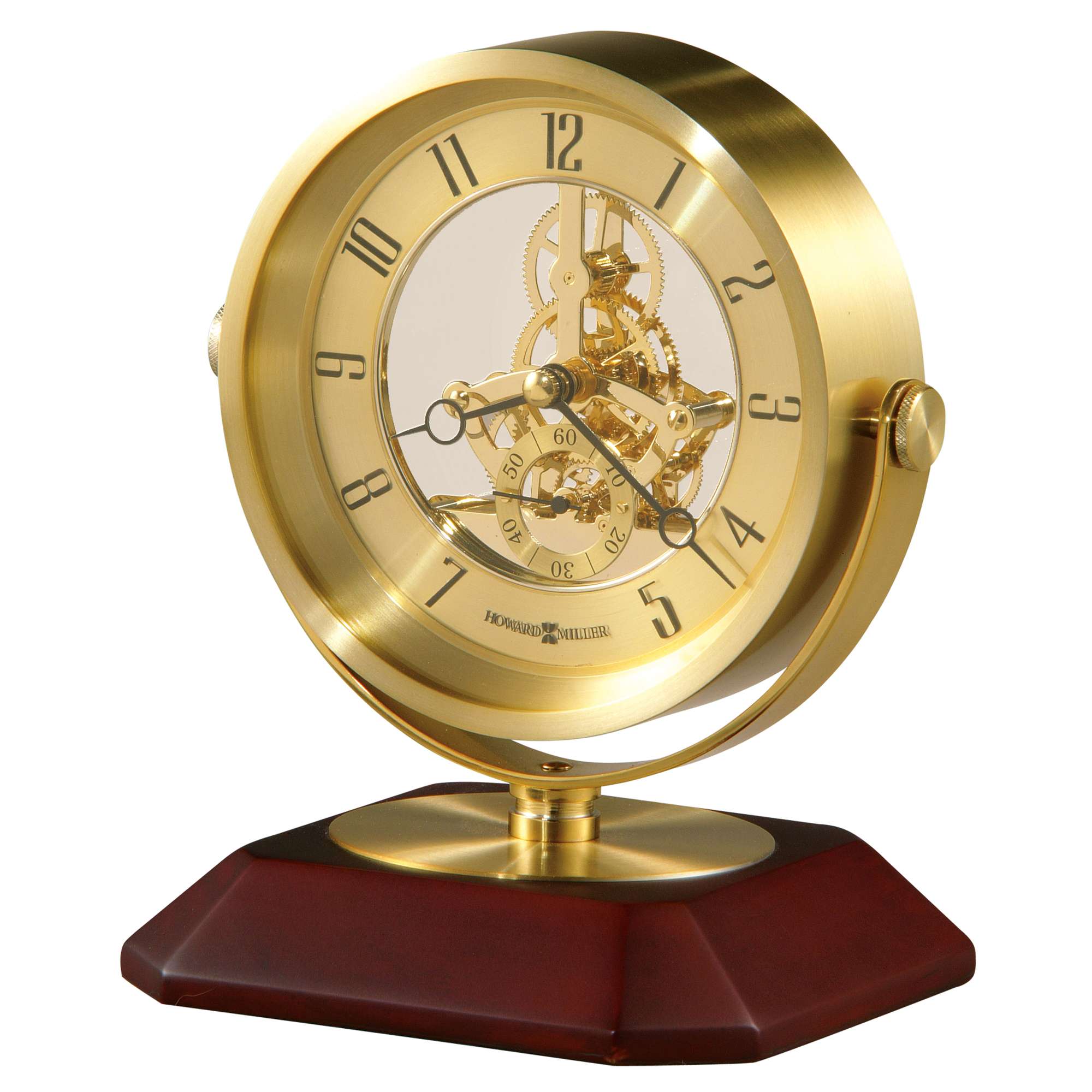 A decorative gold and wooden clock with exposed gears and a classic design.