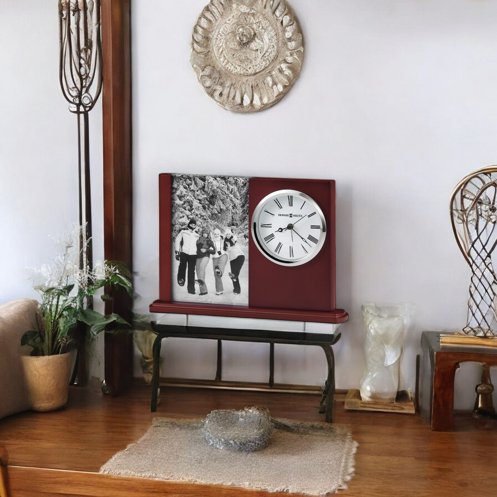 A stylish wooden shelf featuring a vintage clock and a framed black-and-white photograph, surrounded by decorative elements in a cozy interior.
