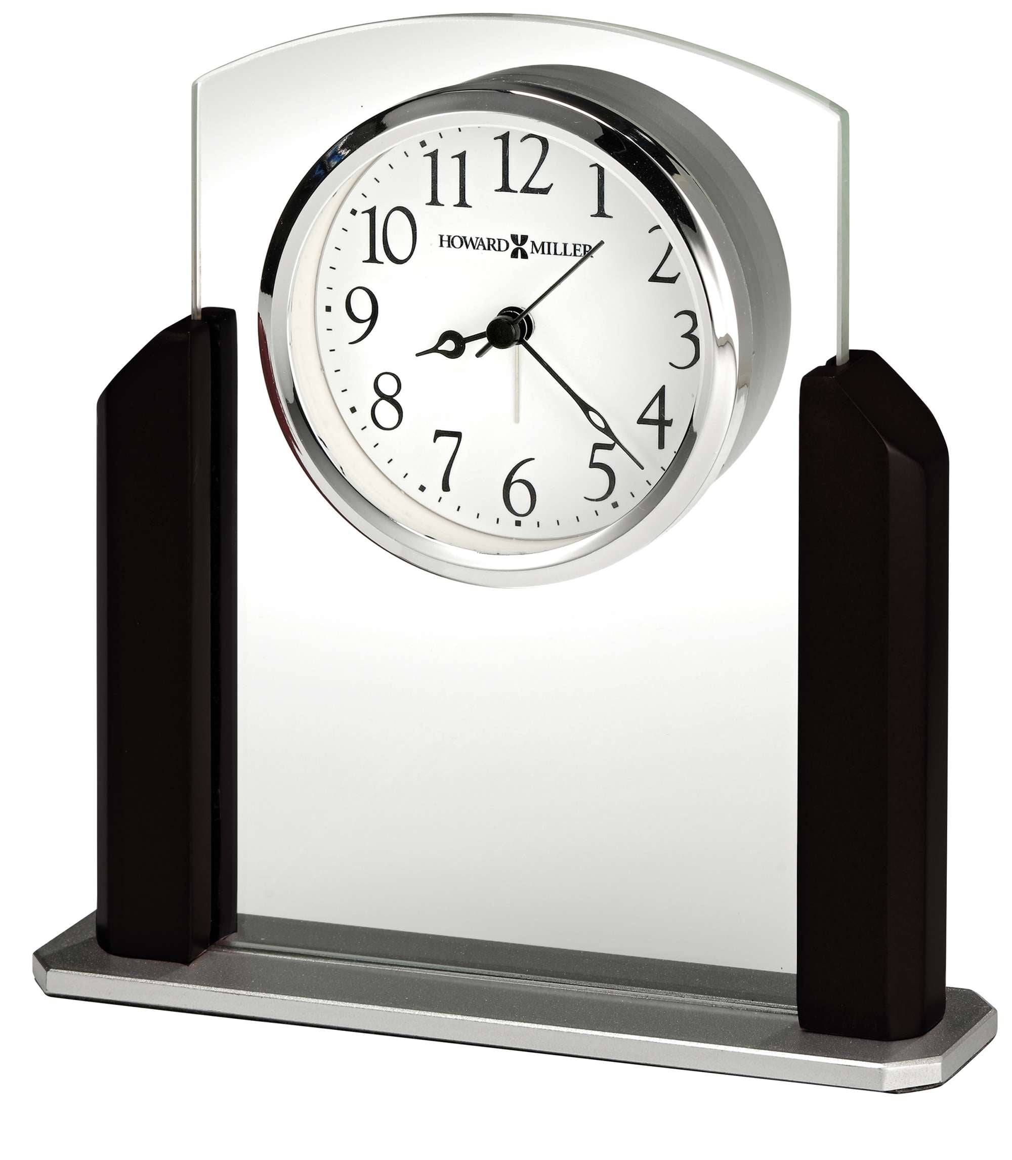 A modern tabletop clock with a silver circular face and black side supports.