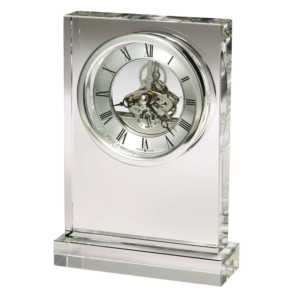 Elegant transparent clock with a detailed silver dial and Roman numerals