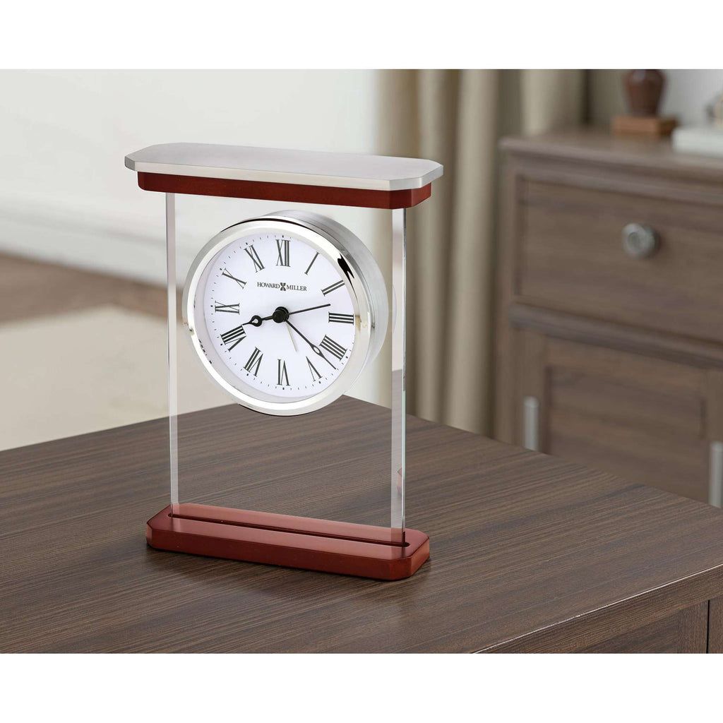 Modern decorative clock with a wooden base and clear frame