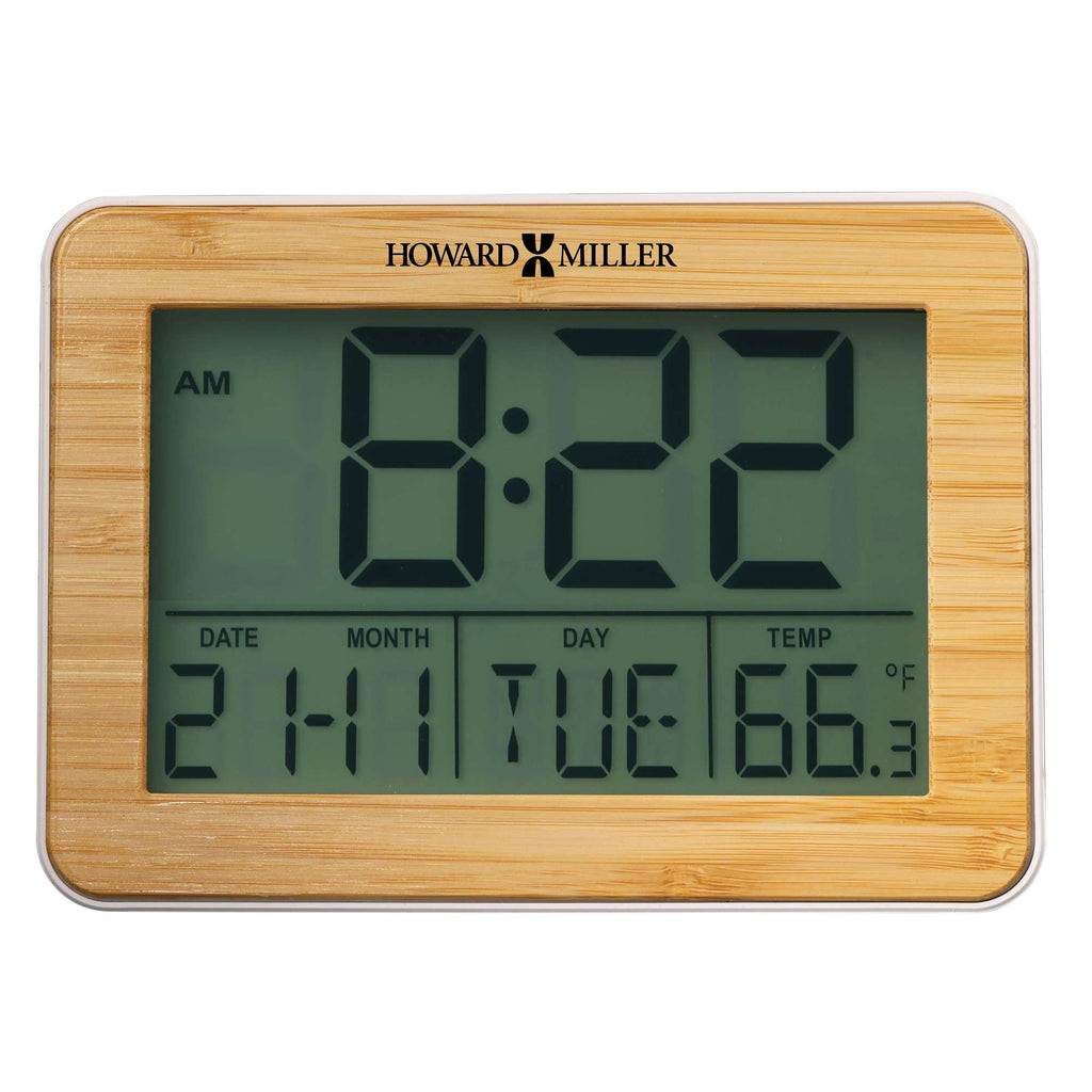 Digital clock displaying time, date, and temperature on a bamboo frame.
