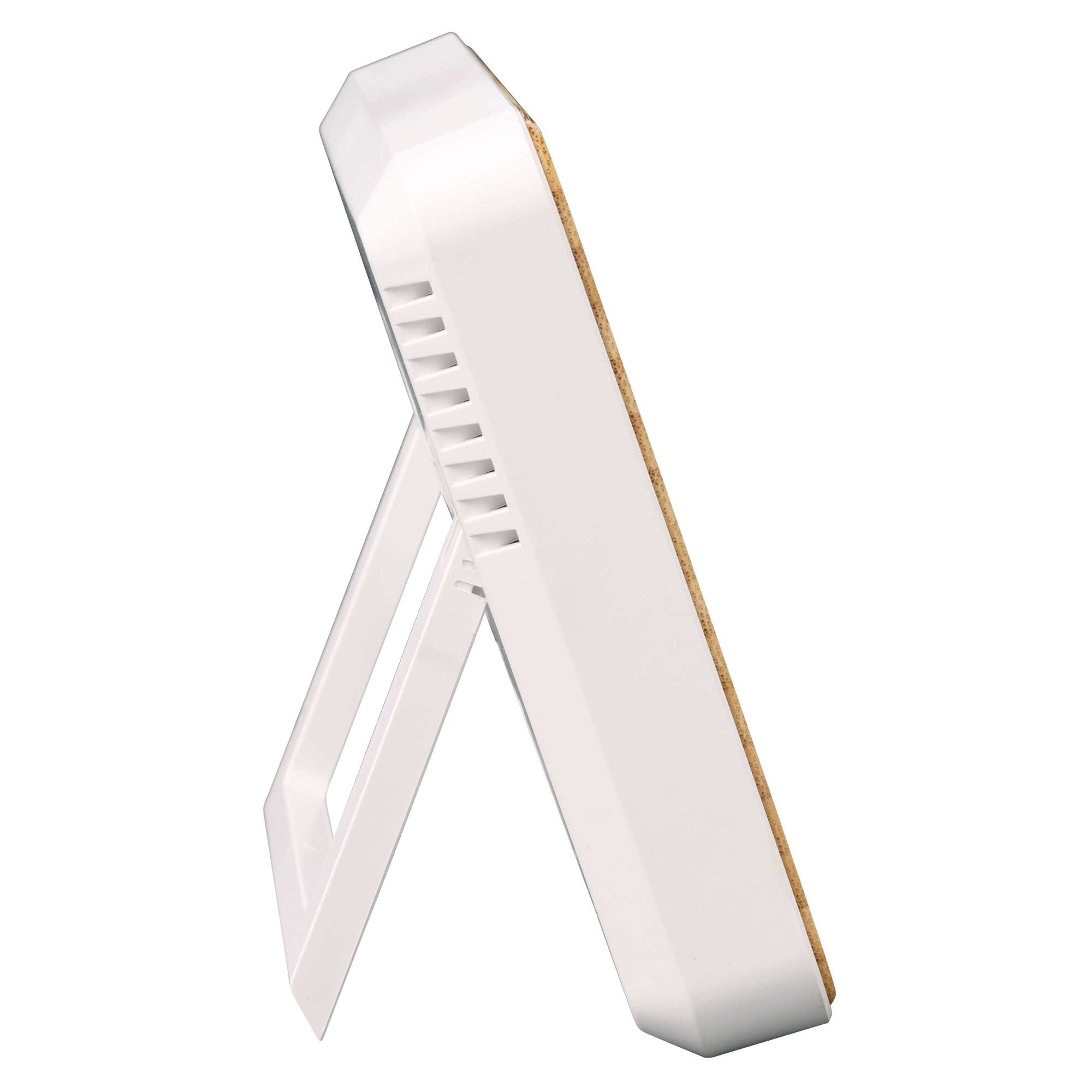 A white device with a stand, viewed from the side.