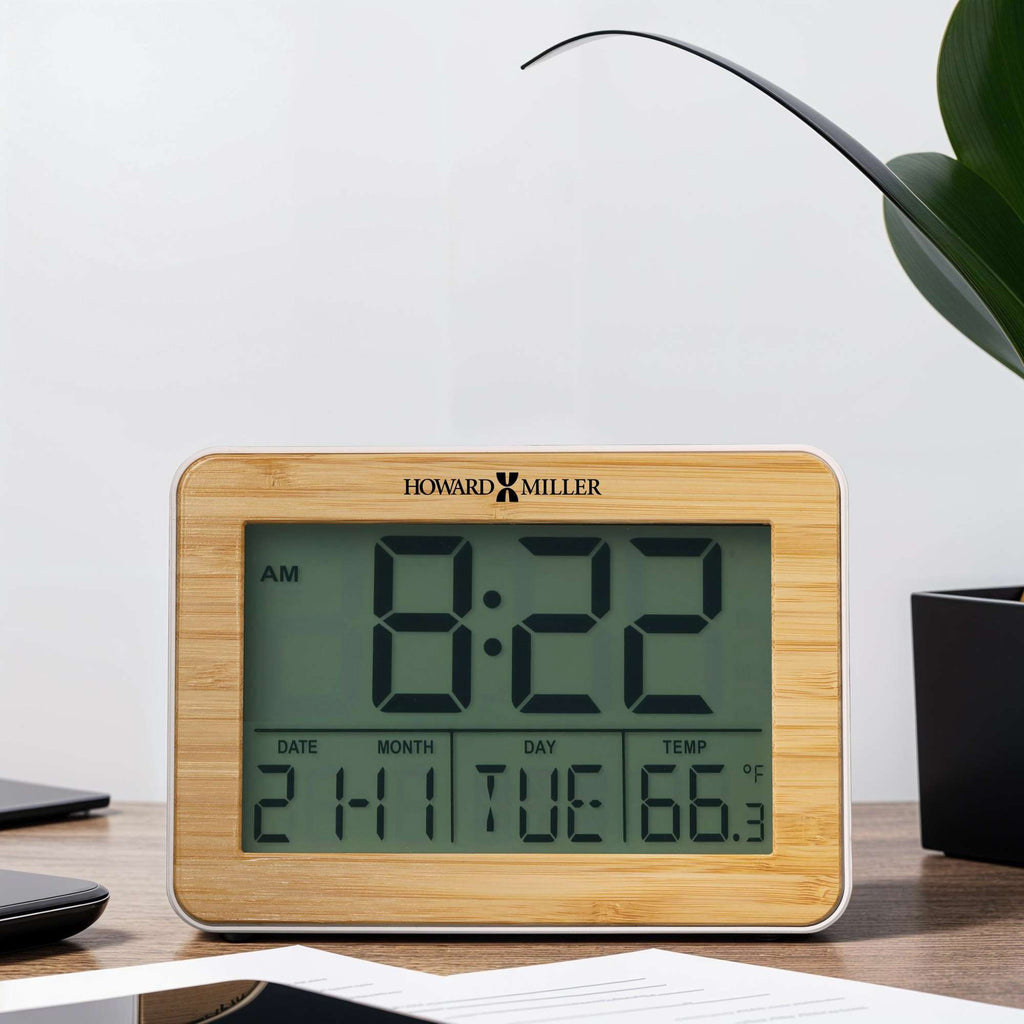 Large digital clock displaying time, date, and temperature, with a bamboo design.