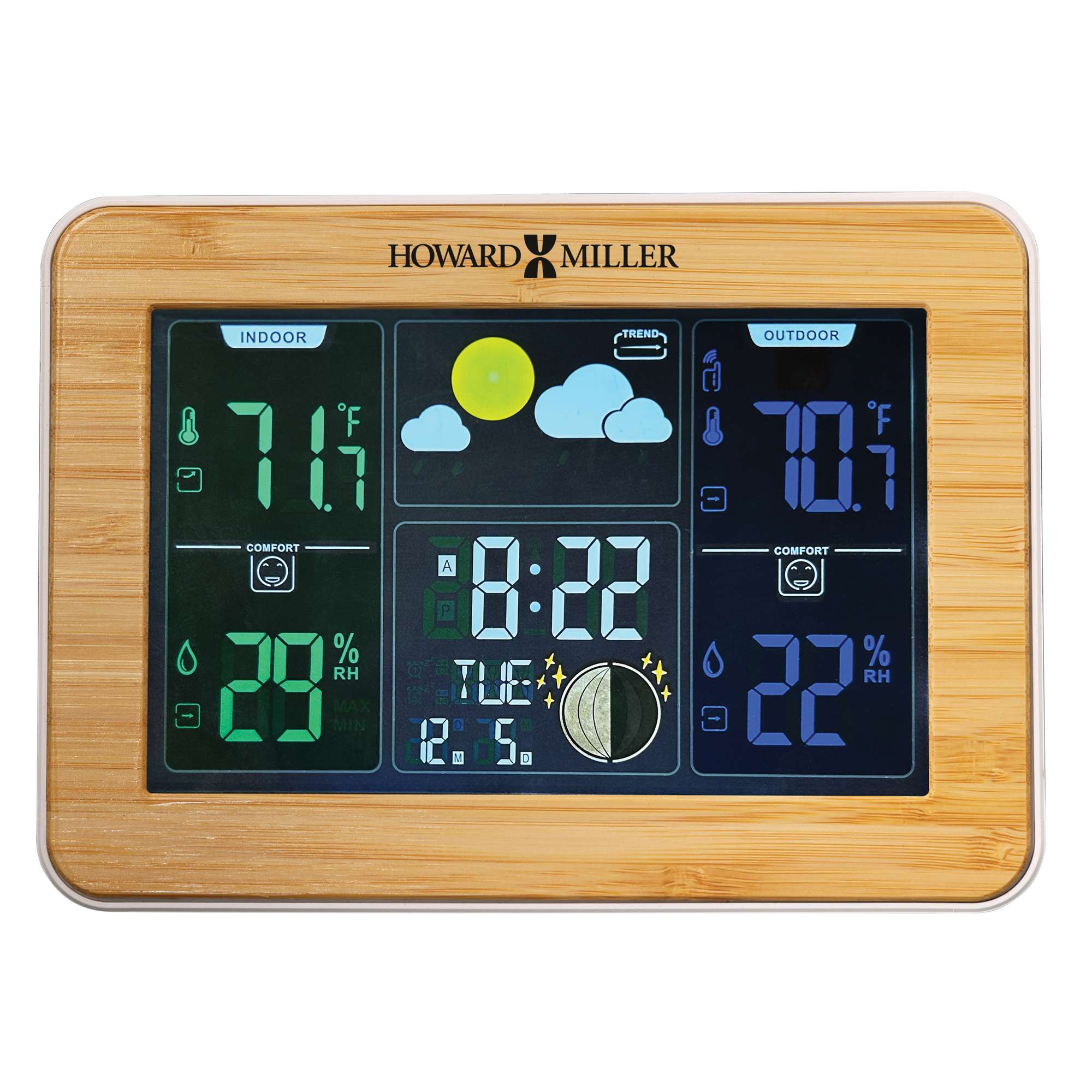 Digital weather station displaying indoor and outdoor temperatures, humidity levels, and time.