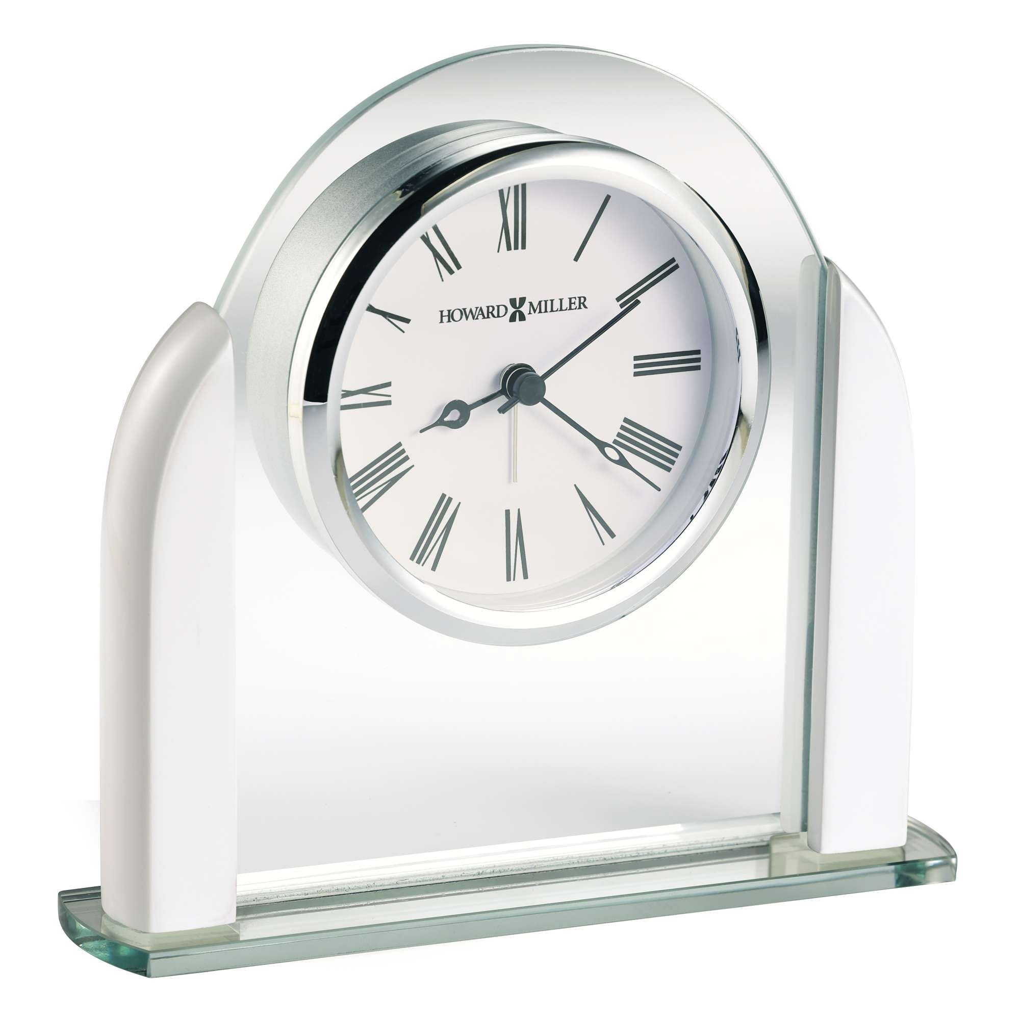 A decorative desk clock with a round face, Roman numerals, and a glass base.