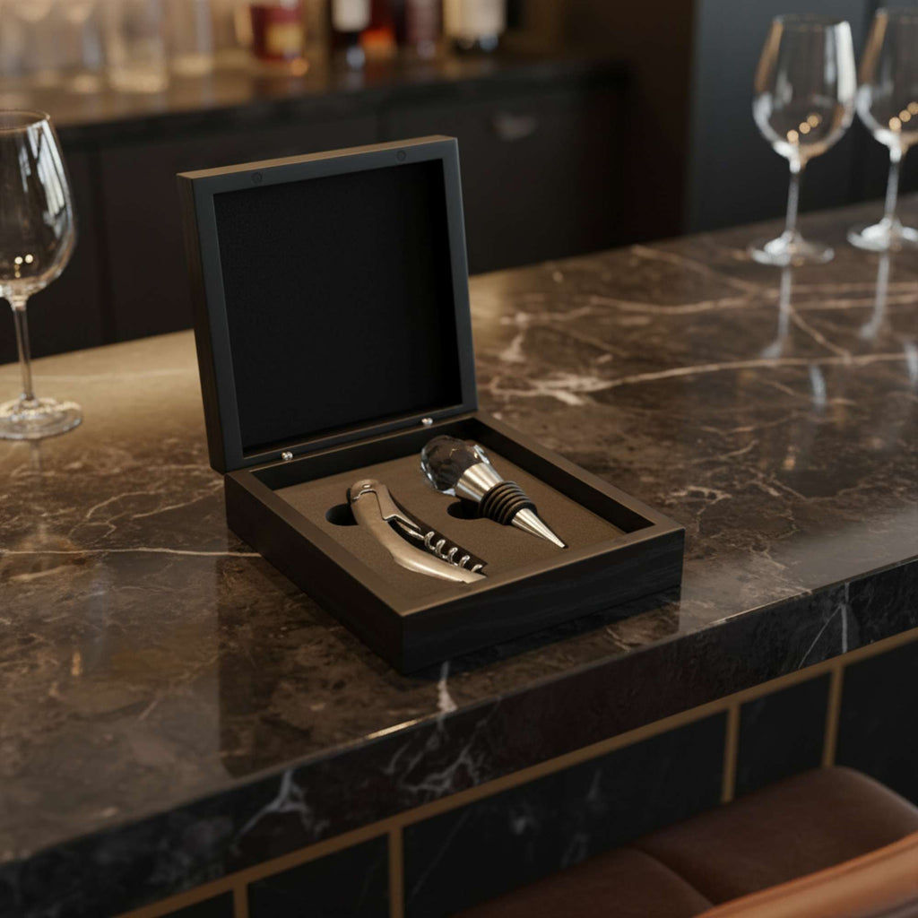 A wine accessory set in a black box, featuring a corkscrew and pourer, on a marble bar countertop.