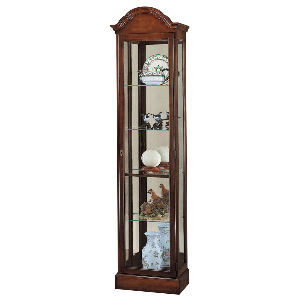 Tall wooden display cabinet with glass shelves showcasing decorative items