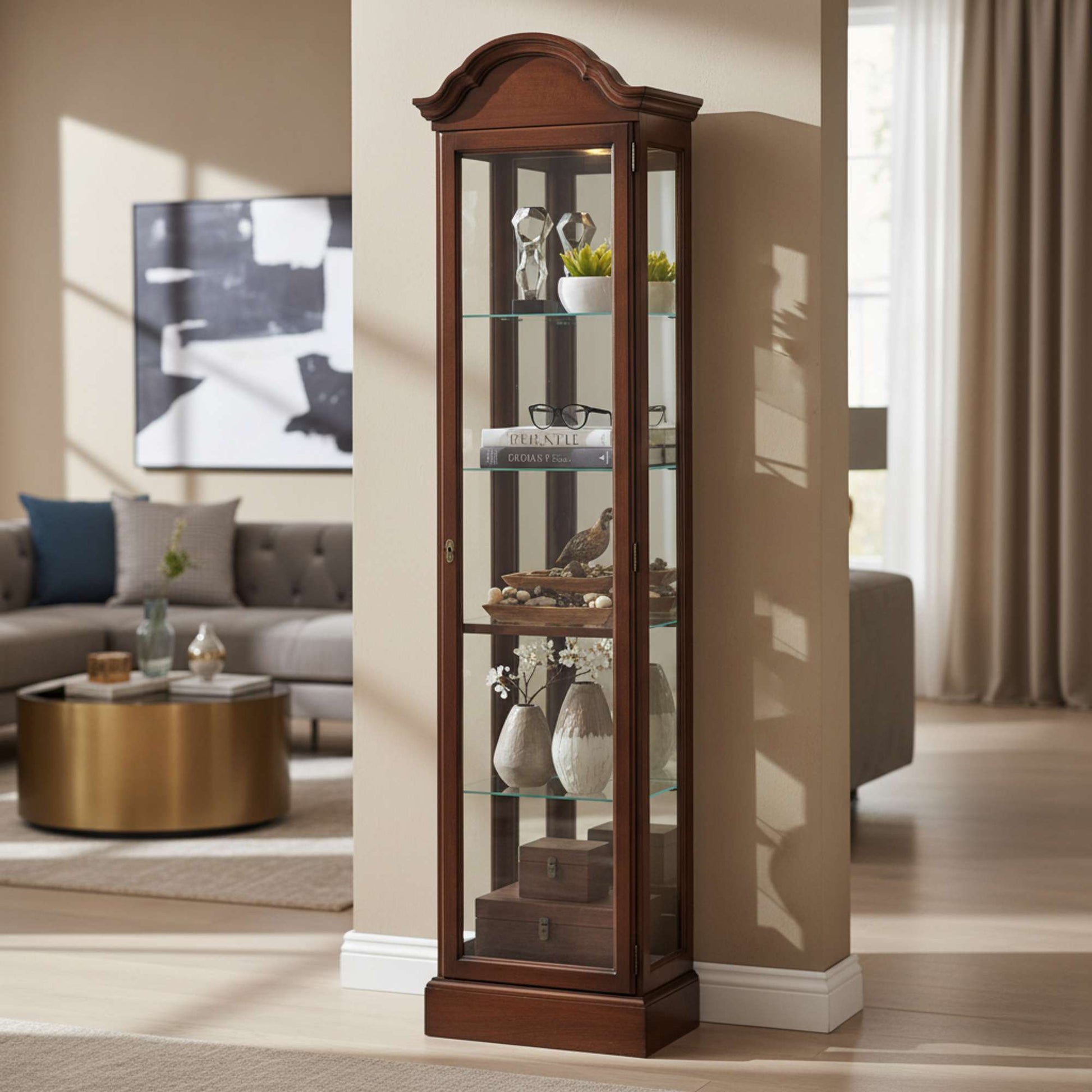 A tall wooden display cabinet with glass shelves, showcasing decorative items in a modern living room setting.