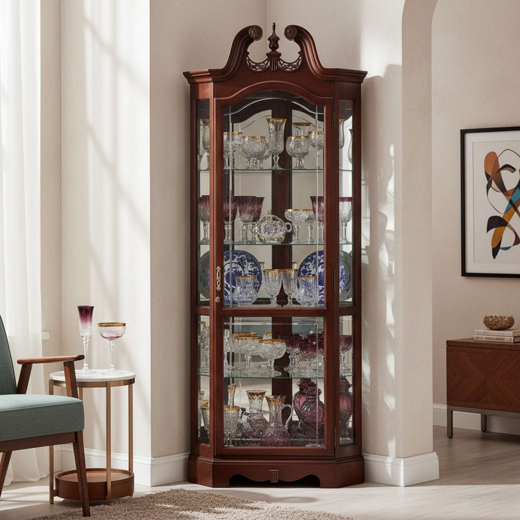 A wooden display cabinet featuring glass shelves filled with glassware and decorative plates, positioned in a well-lit room.