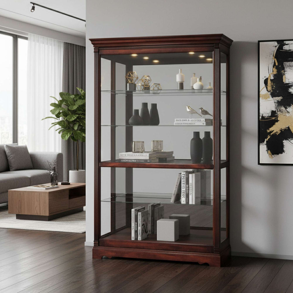 A wooden display cabinet with glass shelves, showcasing decorative items, against a modern living room backdrop.
