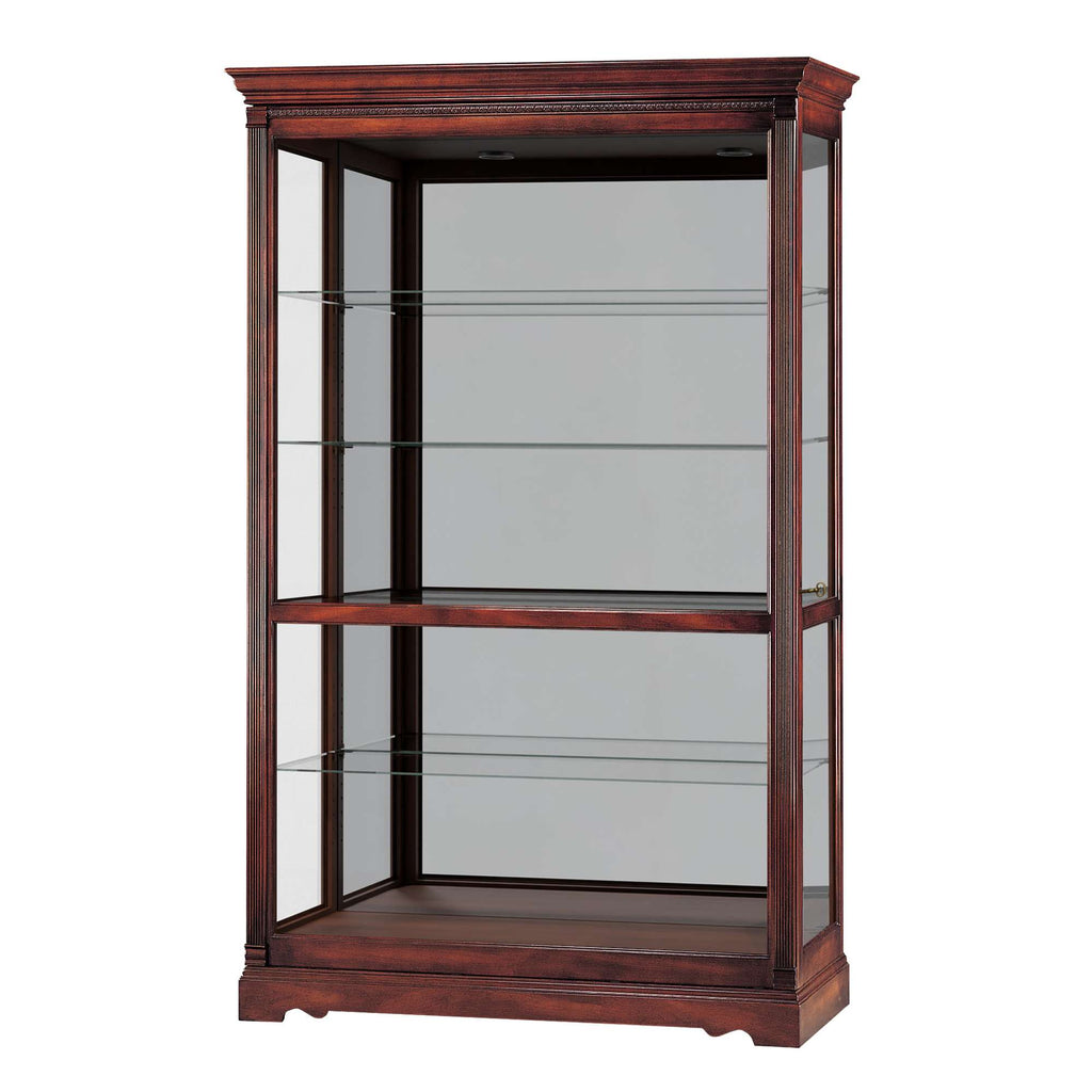 A wooden display cabinet with glass panels and shelves.