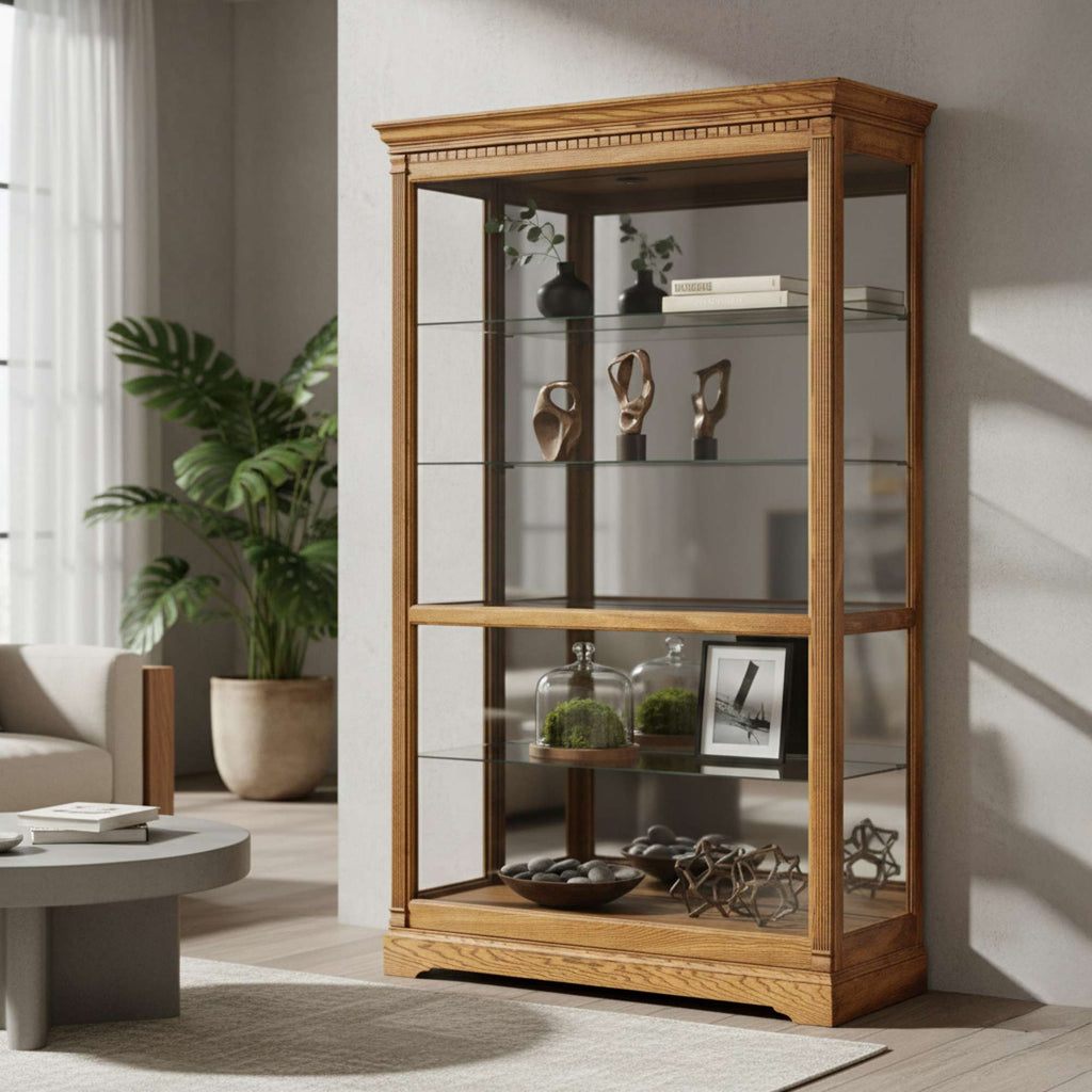 A wooden display cabinet with glass shelves showcasing decorative items, set in a modern living room.