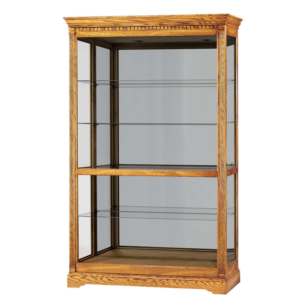 Wooden display cabinet with glass shelves and embellished top
