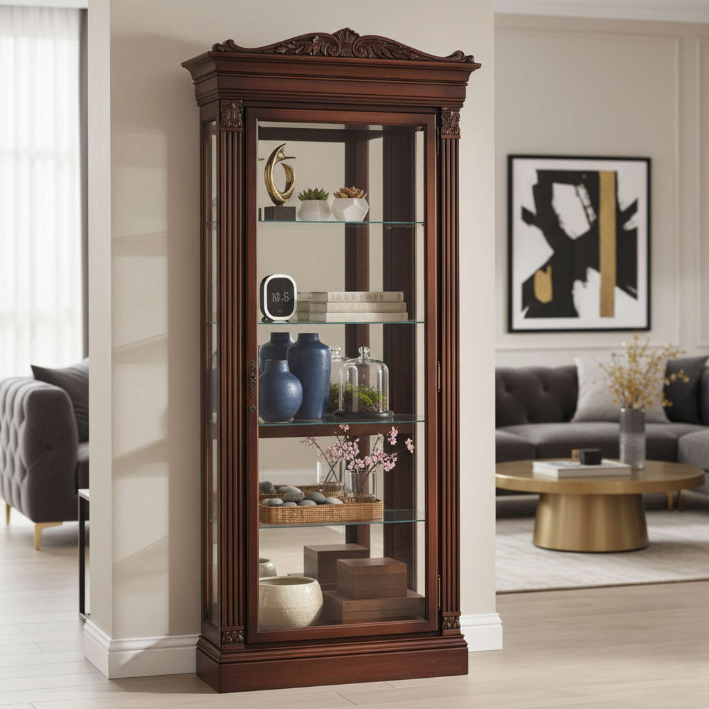 Elegant wooden display cabinet with glass shelves and decorative items
