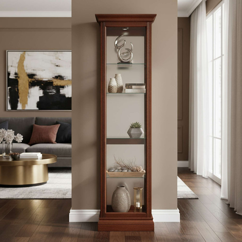 Tall wooden display cabinet with glass shelves in a modern living room.