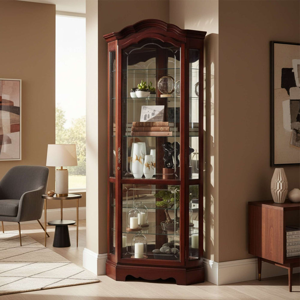 A corner display cabinet with glass shelves showcasing decorative items in a modern living room.