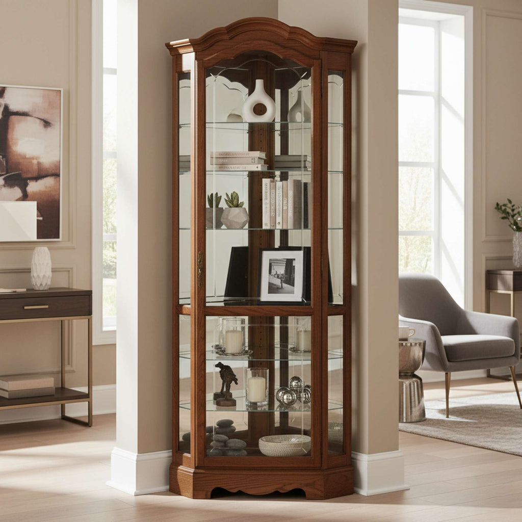 Elegant wooden glass display cabinet in a bright interior