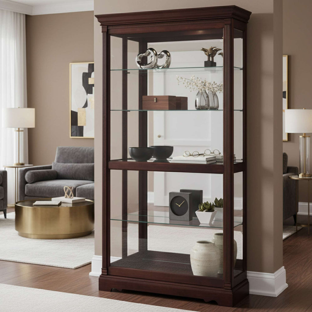 A wooden display cabinet with glass shelves, featuring decorative items, situated in a modern living room.