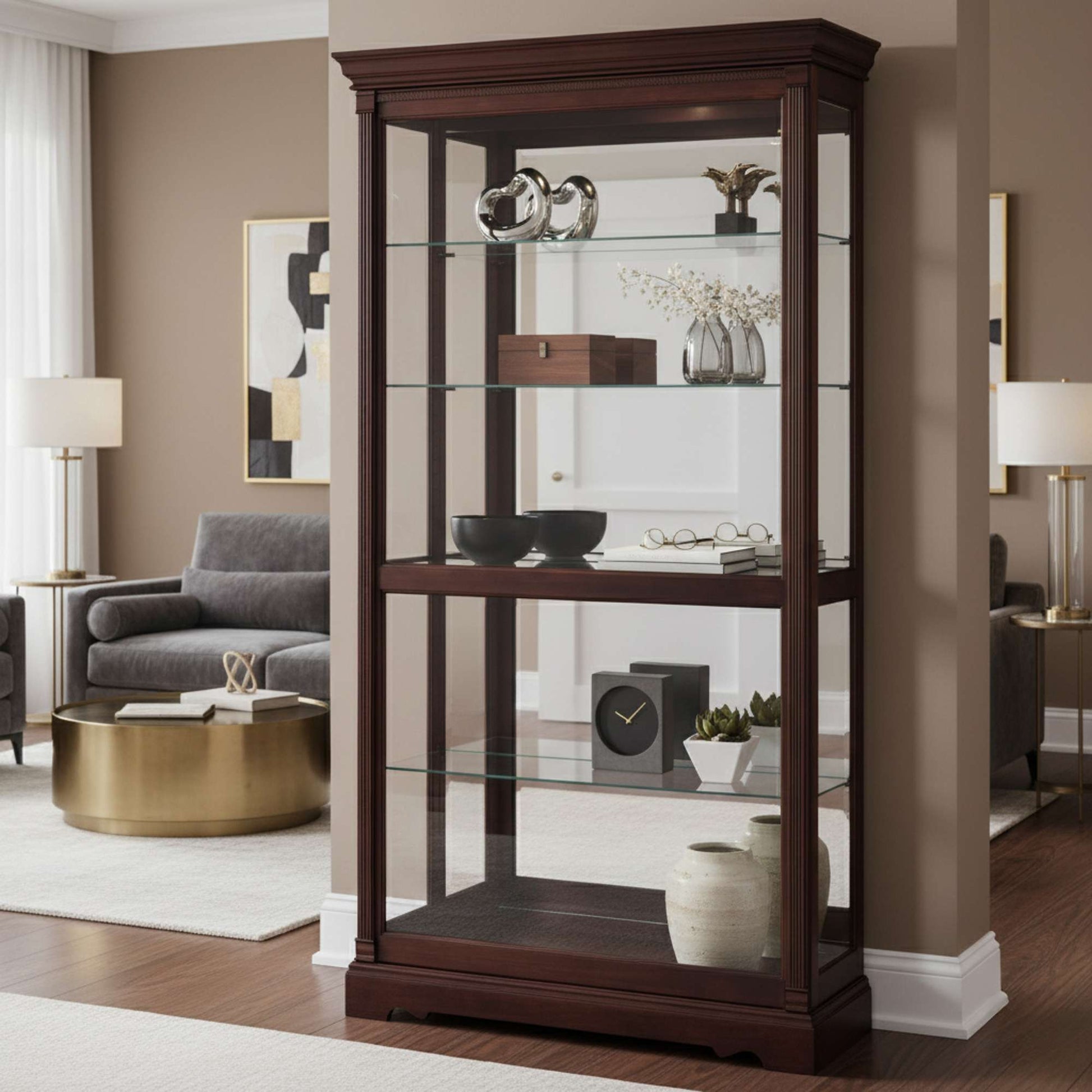 A wooden display cabinet with glass shelves, featuring decorative items, situated in a modern living room.