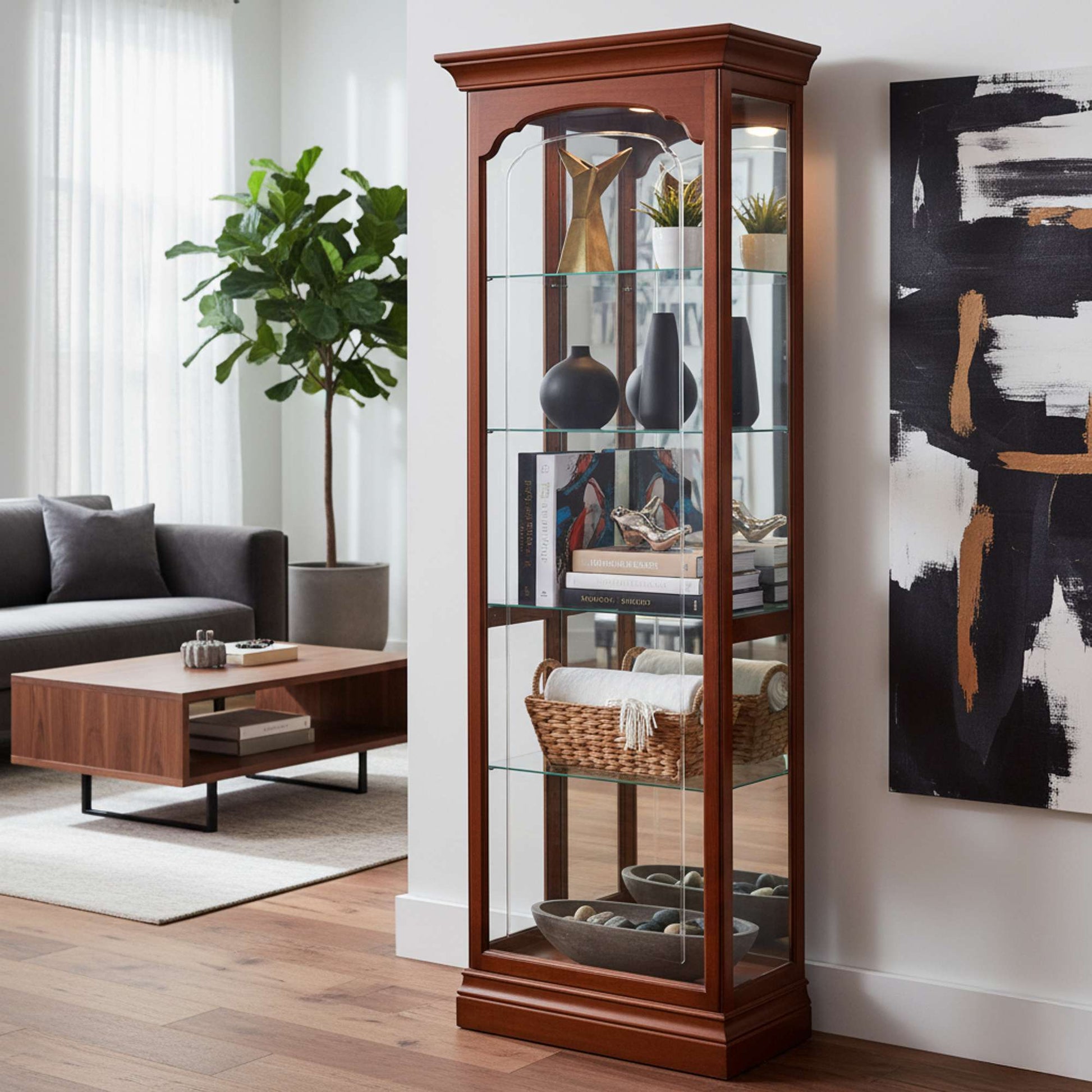 A tall wooden display cabinet with glass shelves, showcasing decorative items in a modern living room.