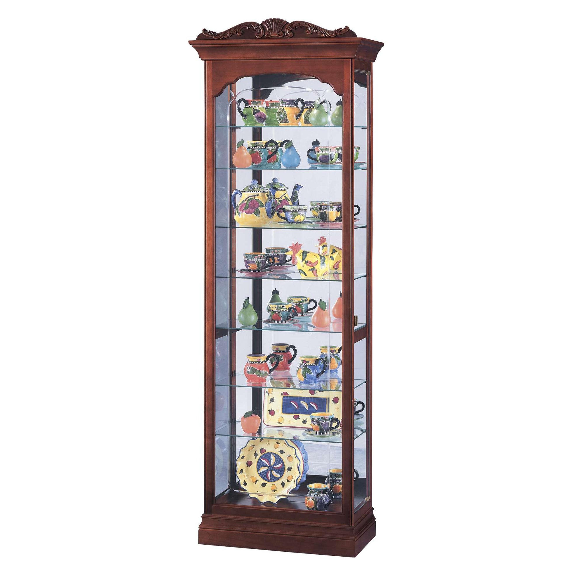 Wooden display cabinet featuring various colorful pottery and decorative items.