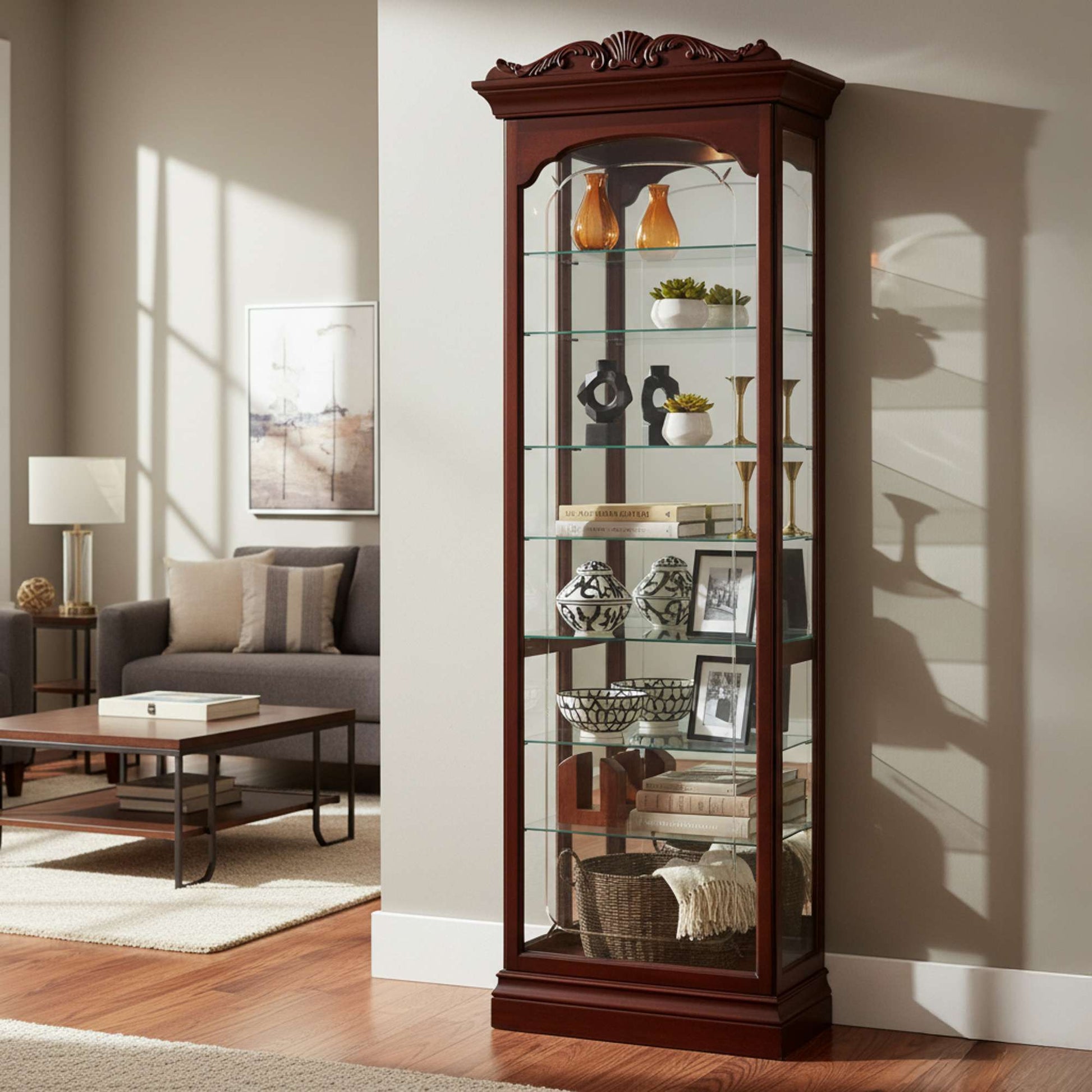 A wooden display cabinet with glass shelves showcasing decorative items, set in a modern living room.