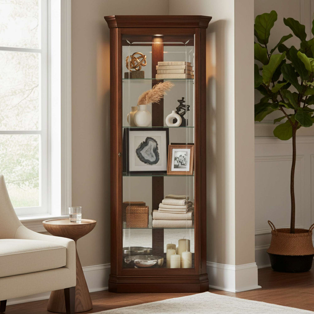 A tall wooden display cabinet featuring decorative items and framed pictures, set in a cozy living space.