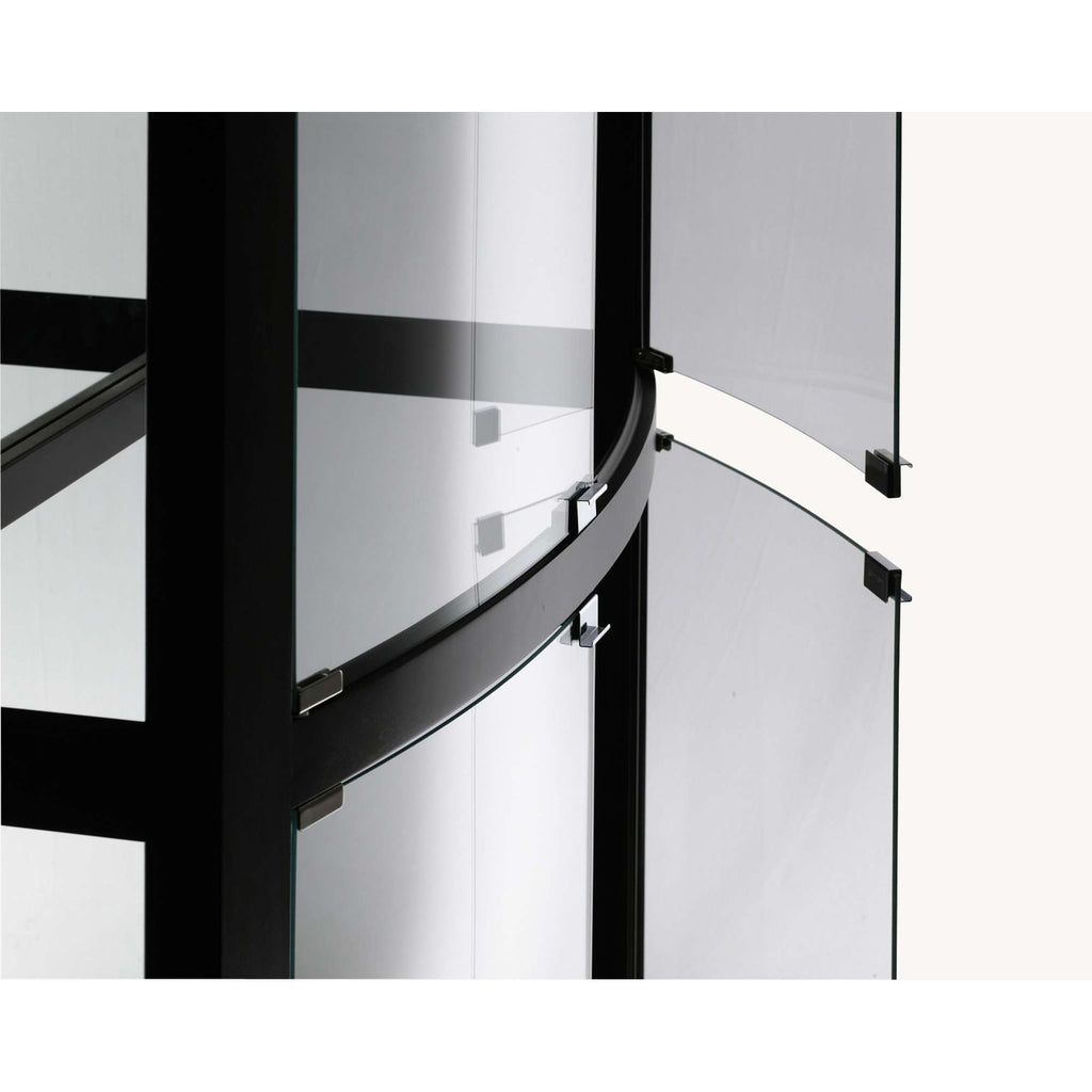 Close-up of a modern glass display cabinet with curved edges and sleek design.