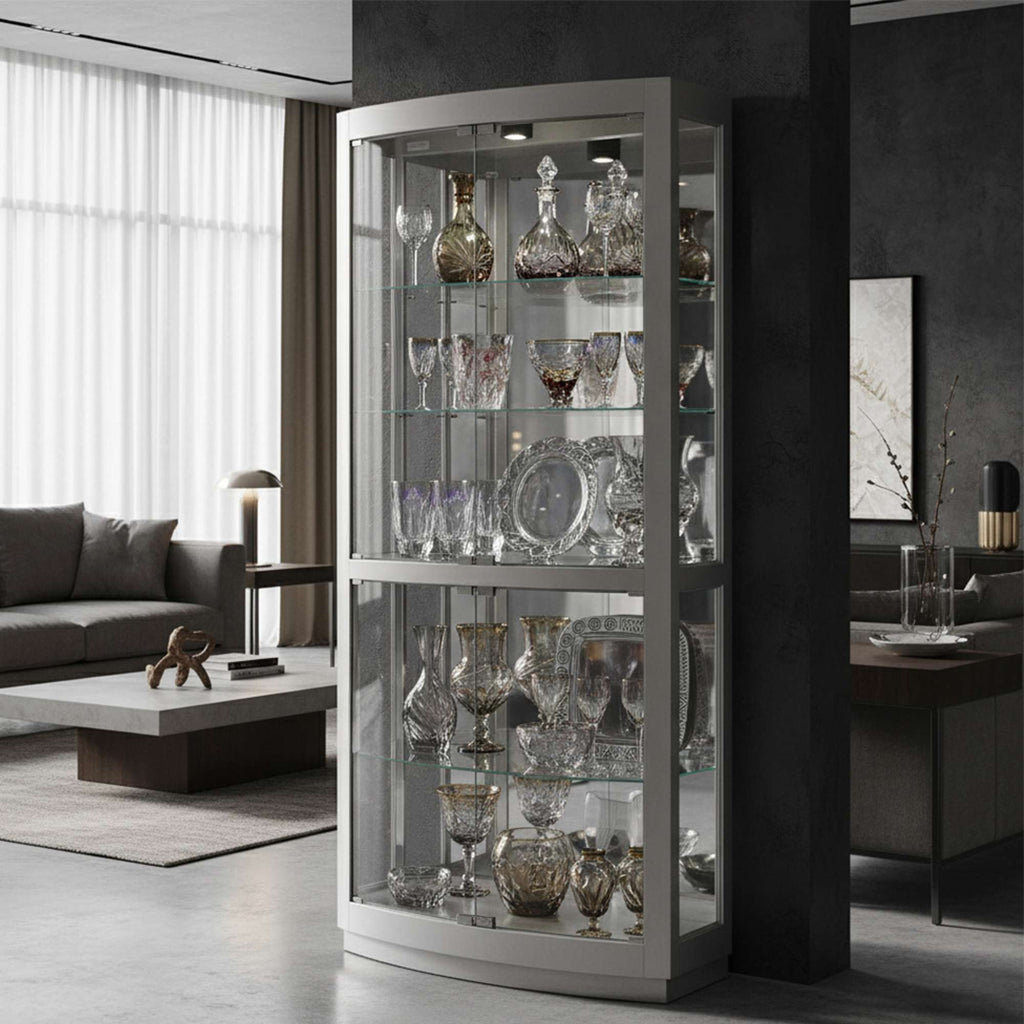 Elegant display cabinet showcasing various glassware and decorative items in a modern living room.